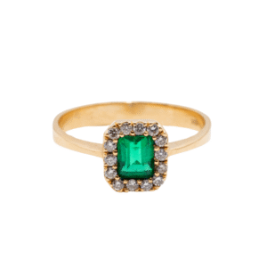 Delicate 18k gold princess ring with emerald and diamond