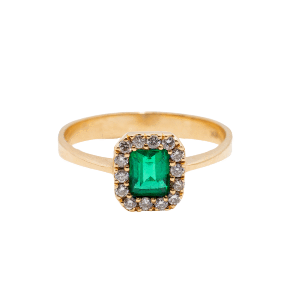Delicate 18k gold princess ring with emerald and diamond